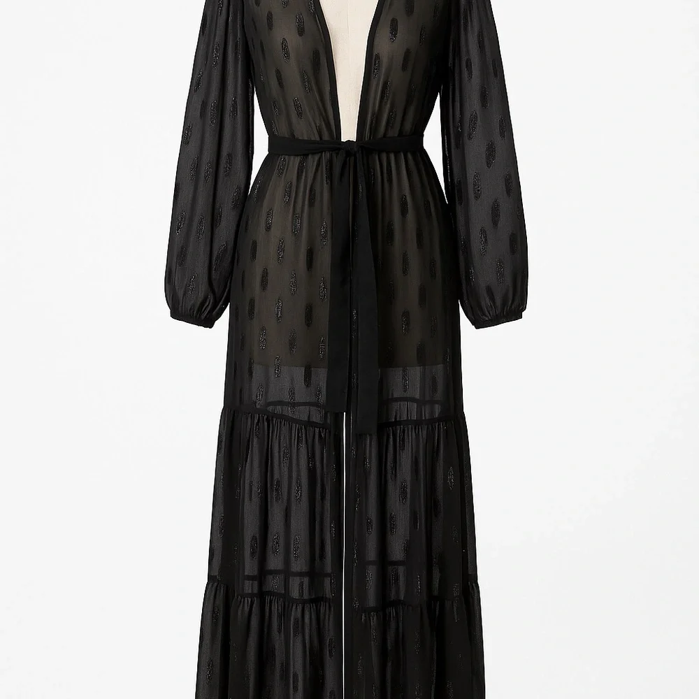 Express Sheer Glitter Duster Robe Black S/M Long Sleeve Tie Waist - Picture 2 of 7